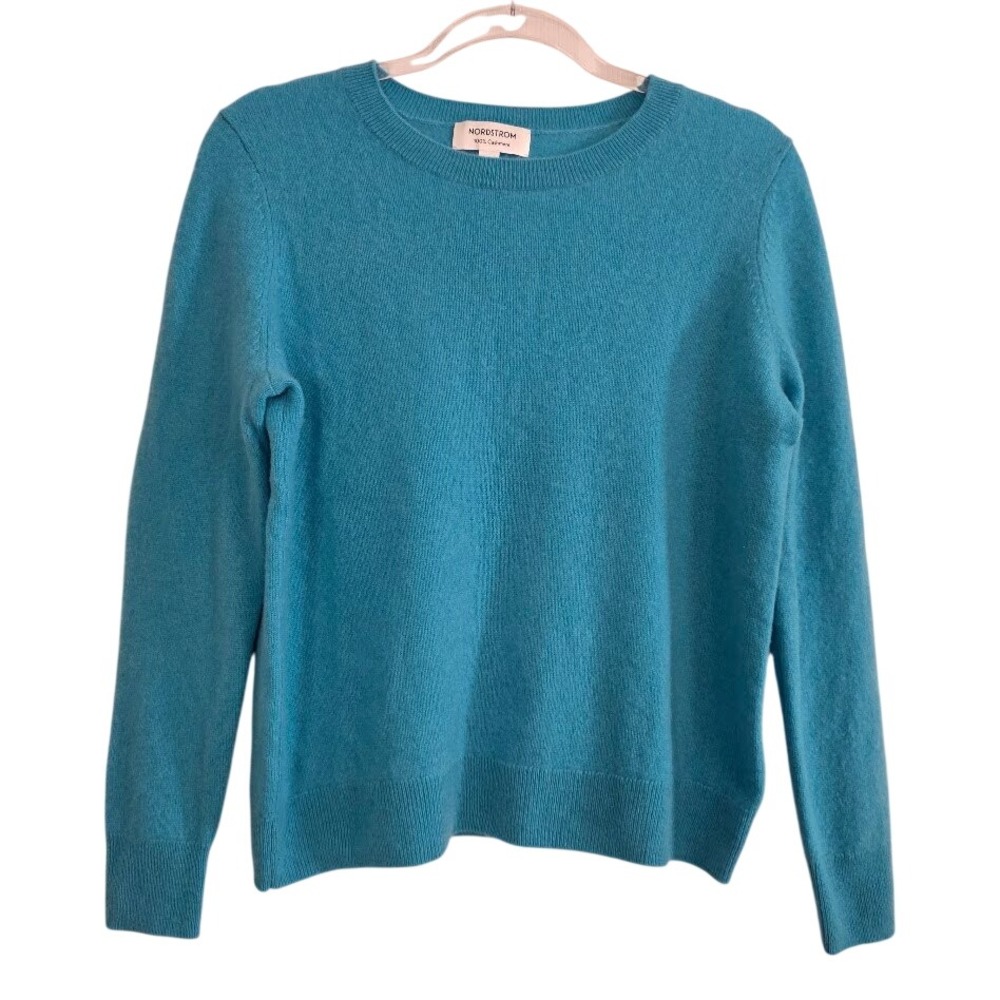 Nordstrom Women's XL 100% Cashmere Crewneck Sweater Turquoise Blue